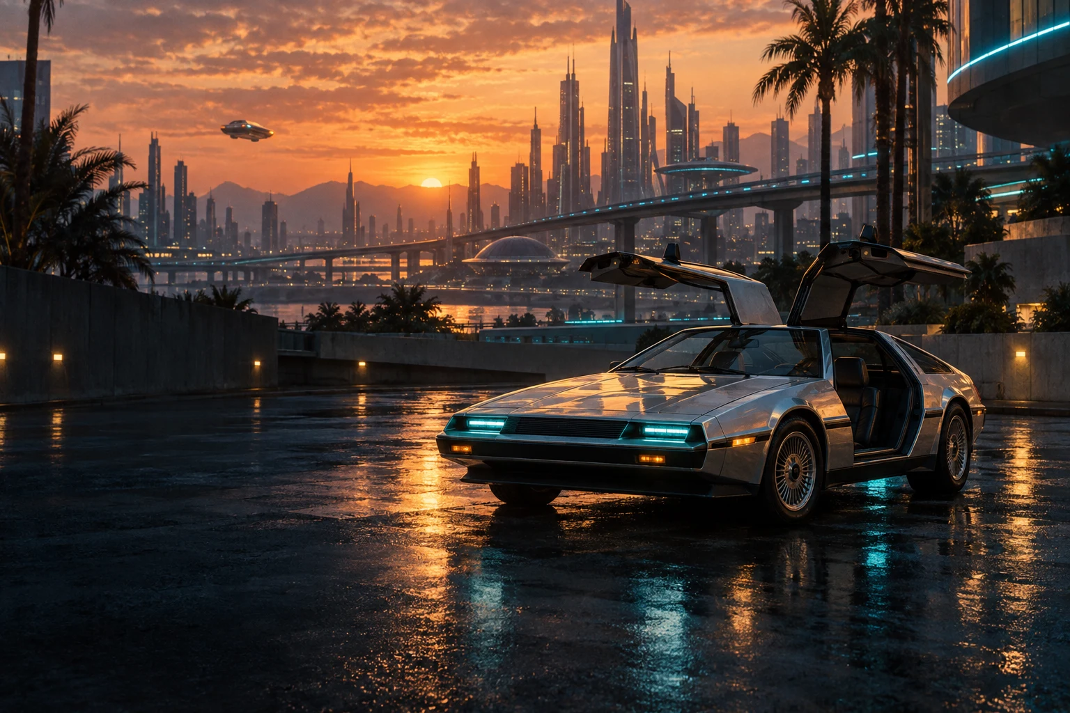 Un’auto sportiva rétro in una città futuristica al tramonto